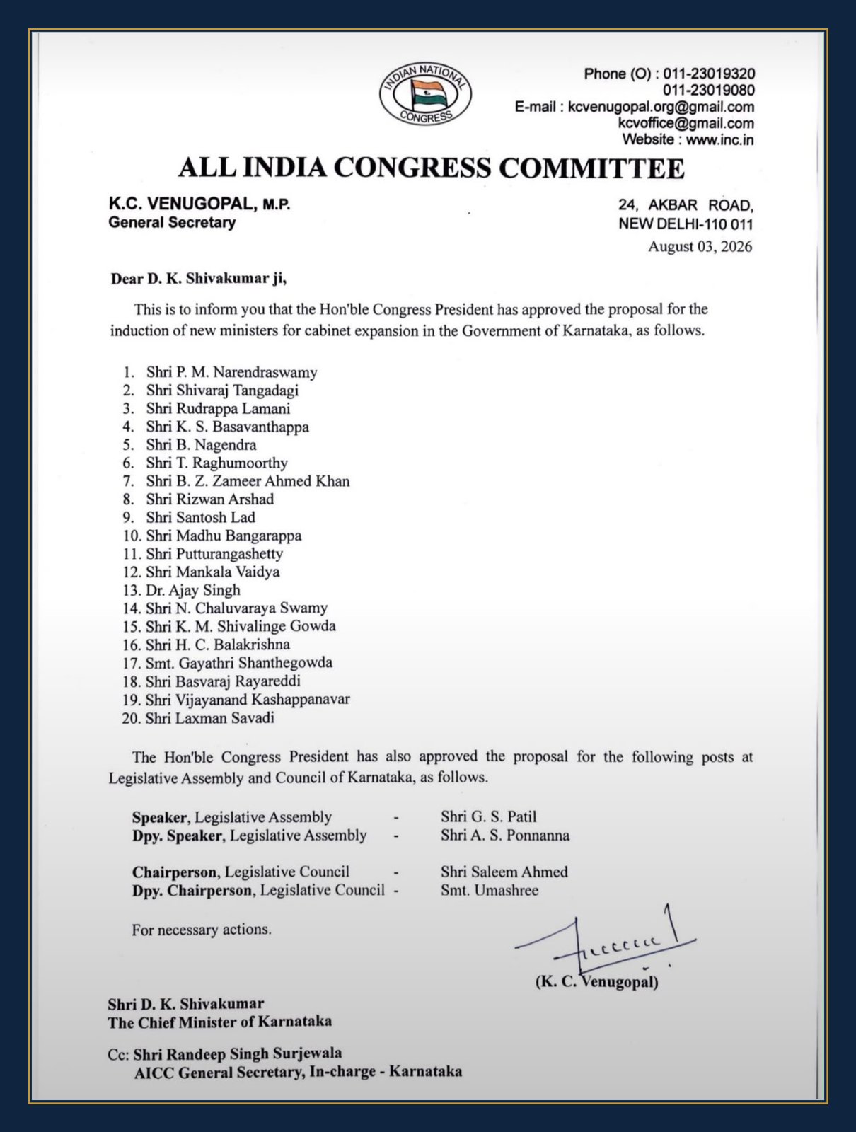 The AICC letter dated 3 August 2026 conveying the Congress President's approval