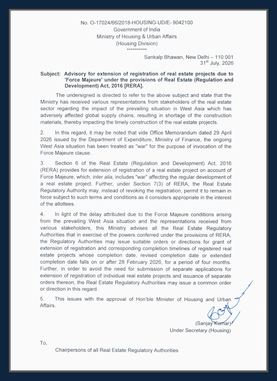 MoHUA Advisory dated 31 July 2026 — the source document (full advisory attached below)